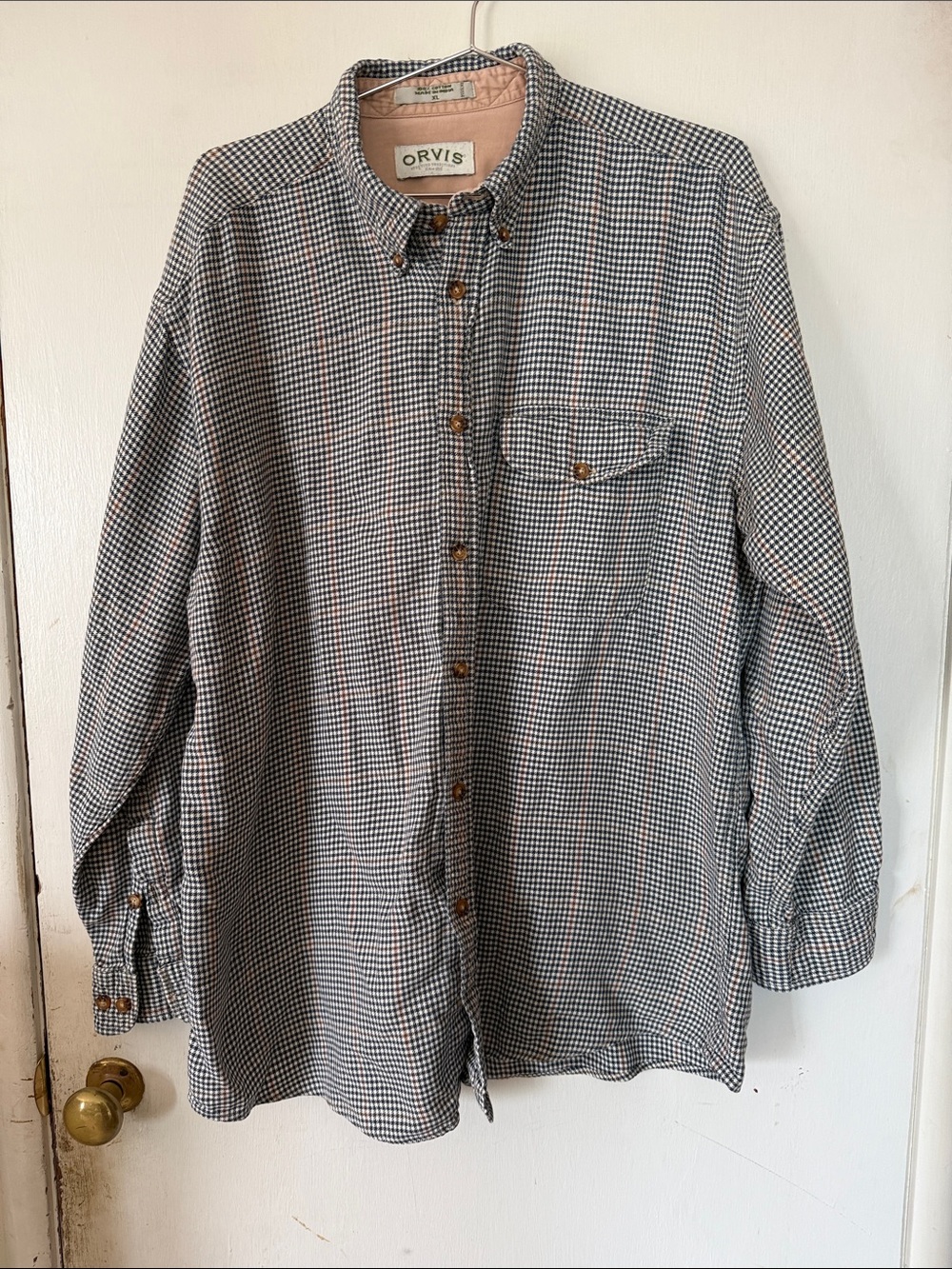 Orvis Navy Blue & White Flannel Gingham Button-Down with Pink Interior
